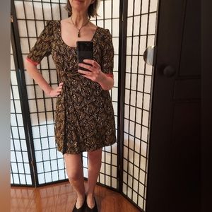 Anthropologie MOULINETTE SOUERS Black Silk Print Black Midi Dress 10 EUC